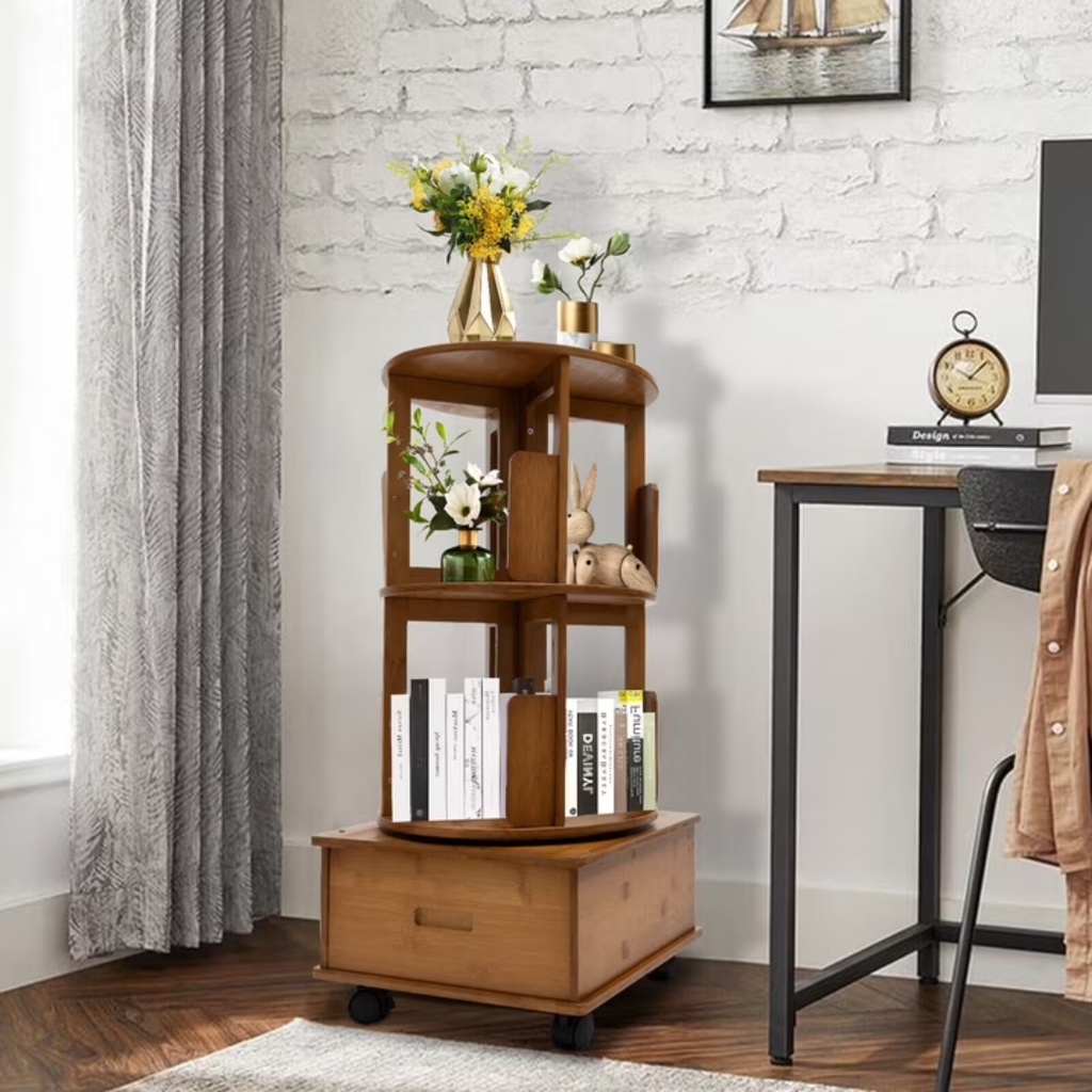 Hoomly 360° Rotating Bamboo End Table with Storage Drawer & Wheels