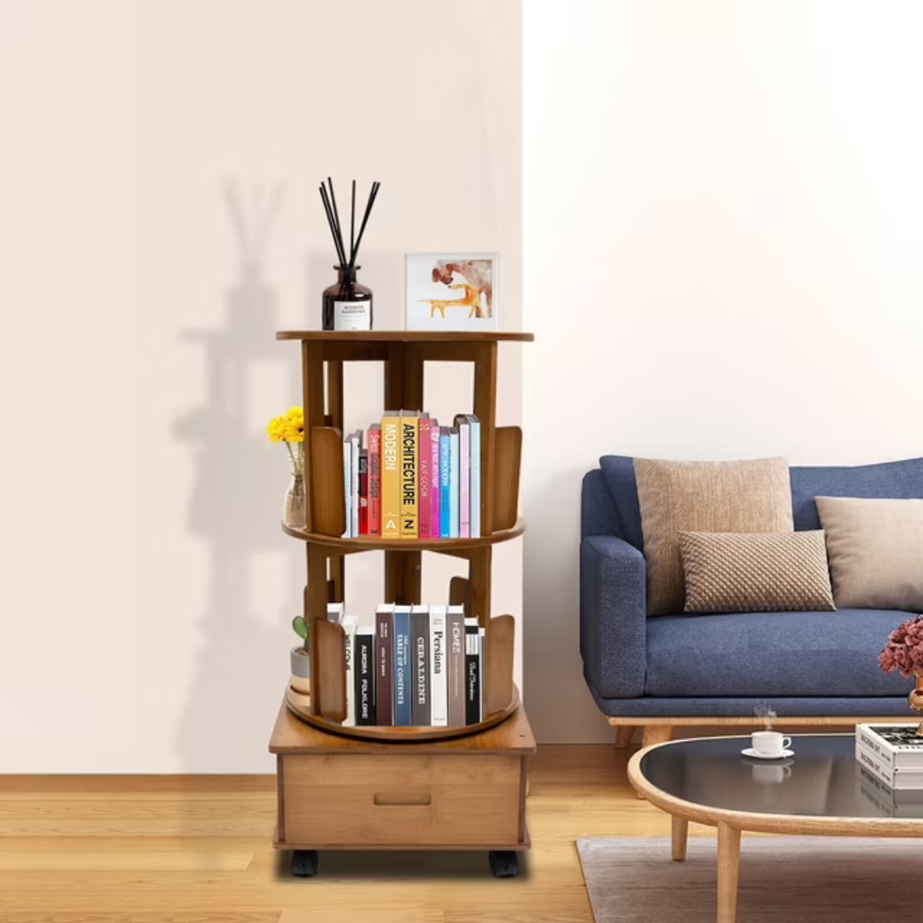 Hoomly 360° Rotating Bamboo End Table with Storage Drawer & Wheels
