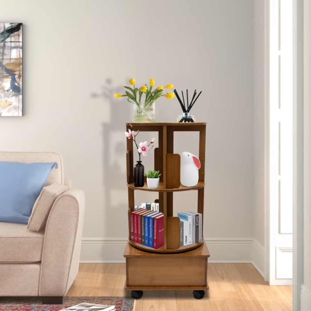 Hoomly 360° Rotating Bamboo End Table with Storage Drawer & Wheels