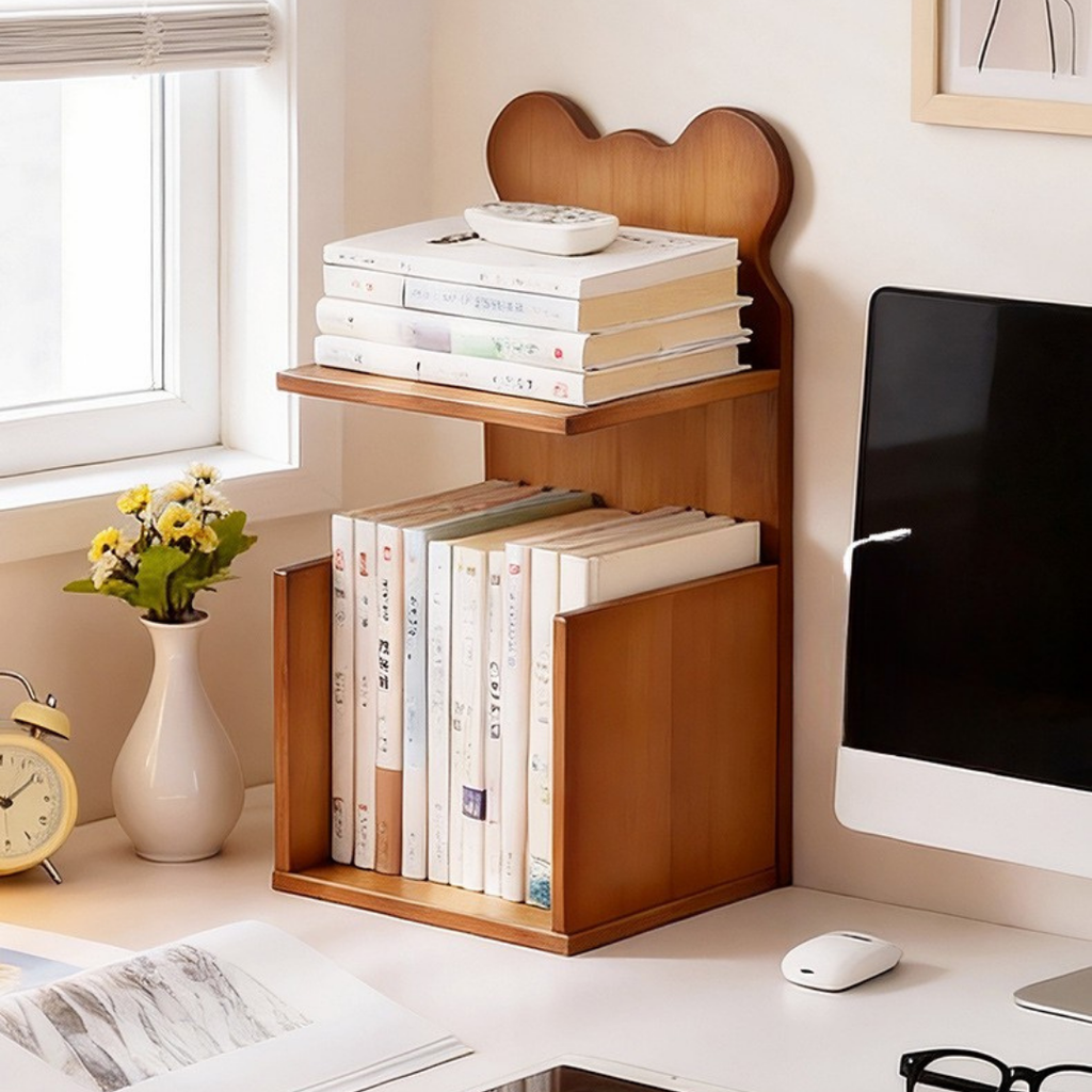 Hoomly Pure Bamboo Bear-Shaped Desktop Bookshelf Organizer