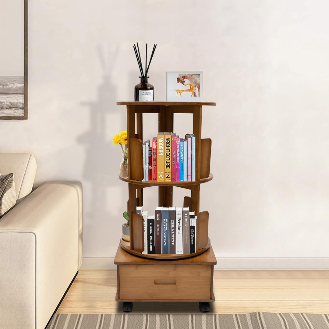 Hoomly 360° Rotating Bamboo End Table with Storage Drawer & Wheels