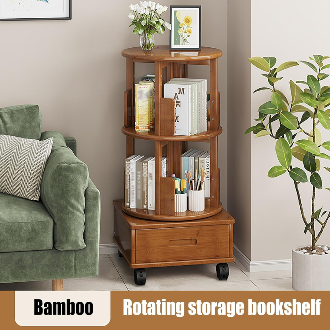 Hoomly 360° Rotating Bamboo End Table with Storage Drawer & Wheels