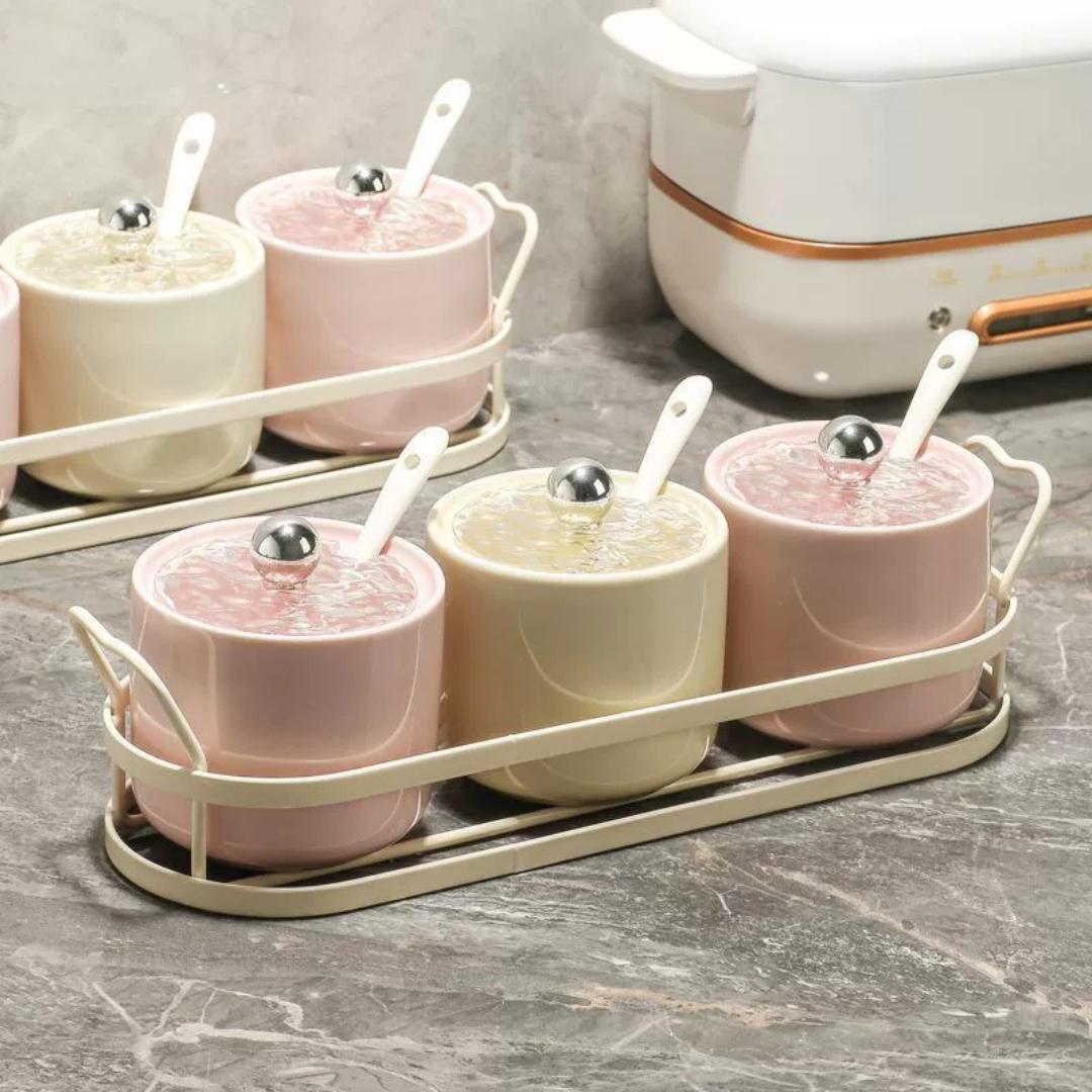 Premium Ceramic Kitchen Seasoning Jar Set with Spoon & Metal Organizer Rack