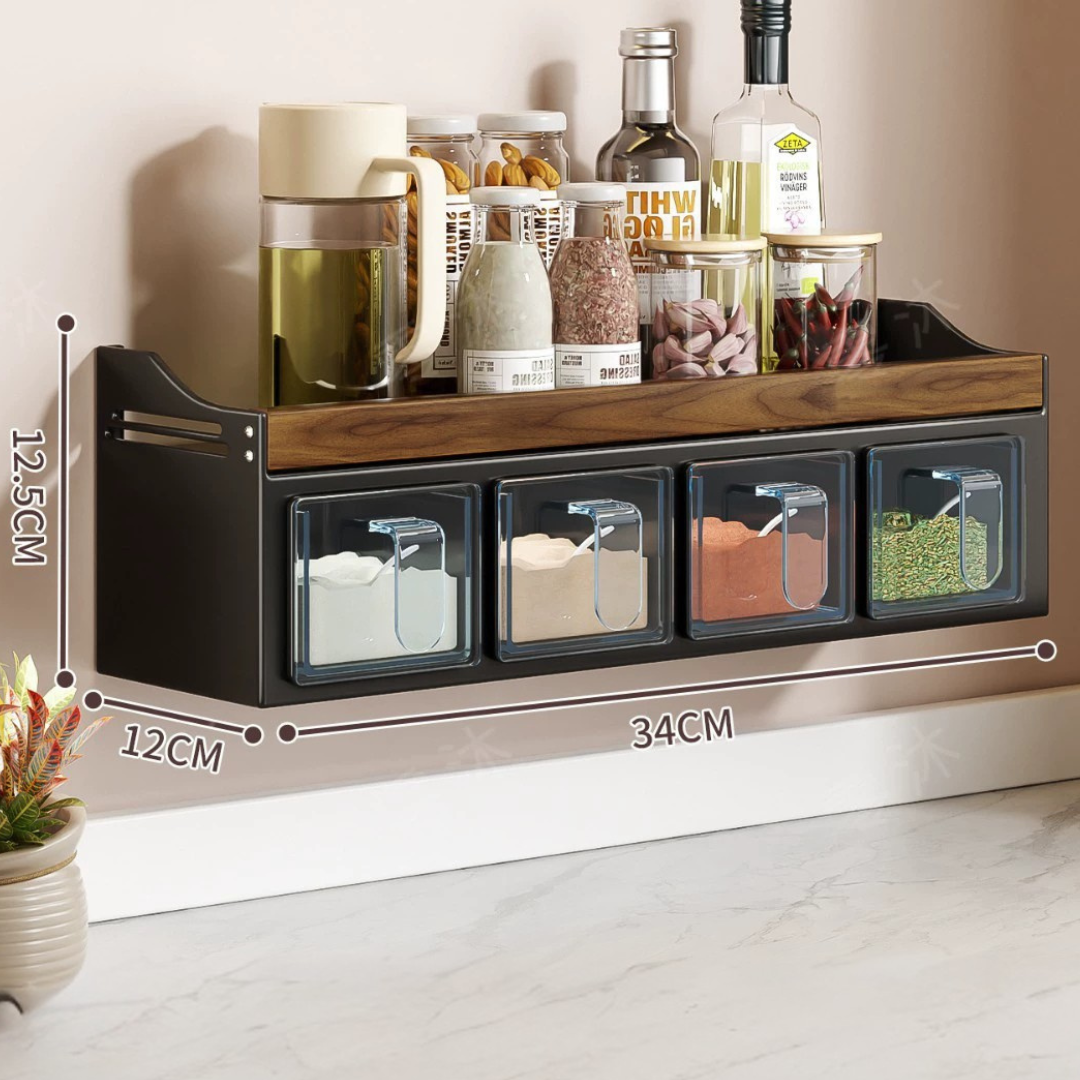 Premium Walnut Wood Wall Mounted Spice Rack with Storage Drawers