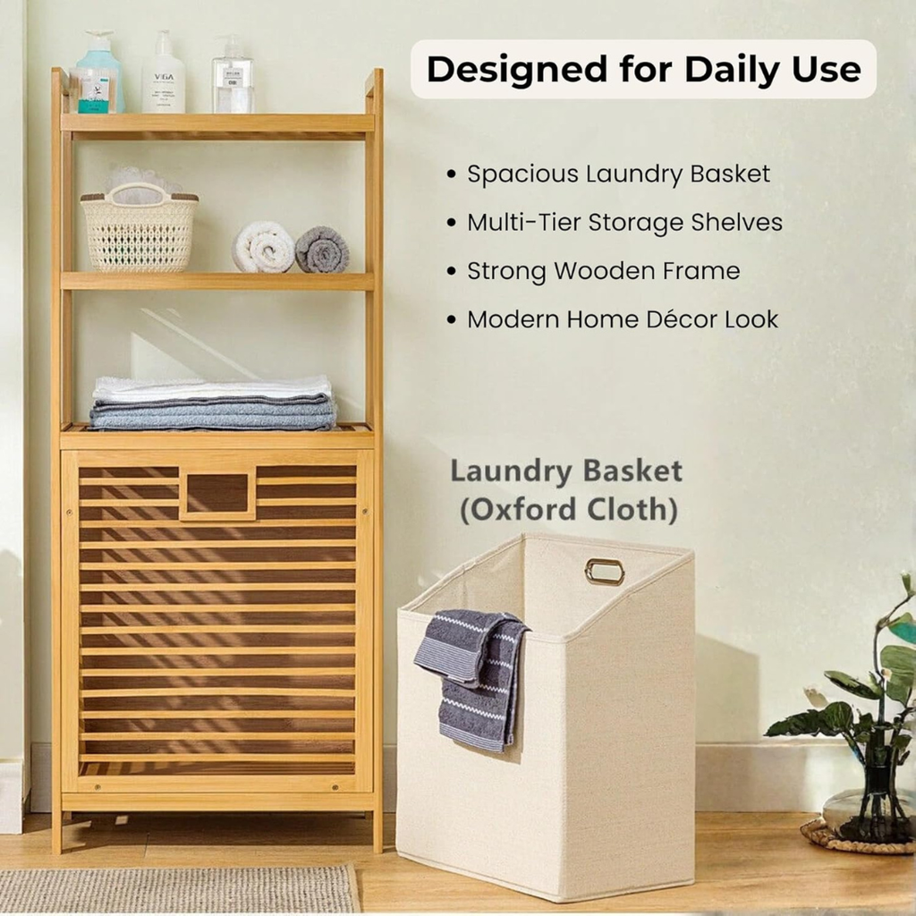 Bamboo Storage Organizer Rack with Built-In Laundry Hamper