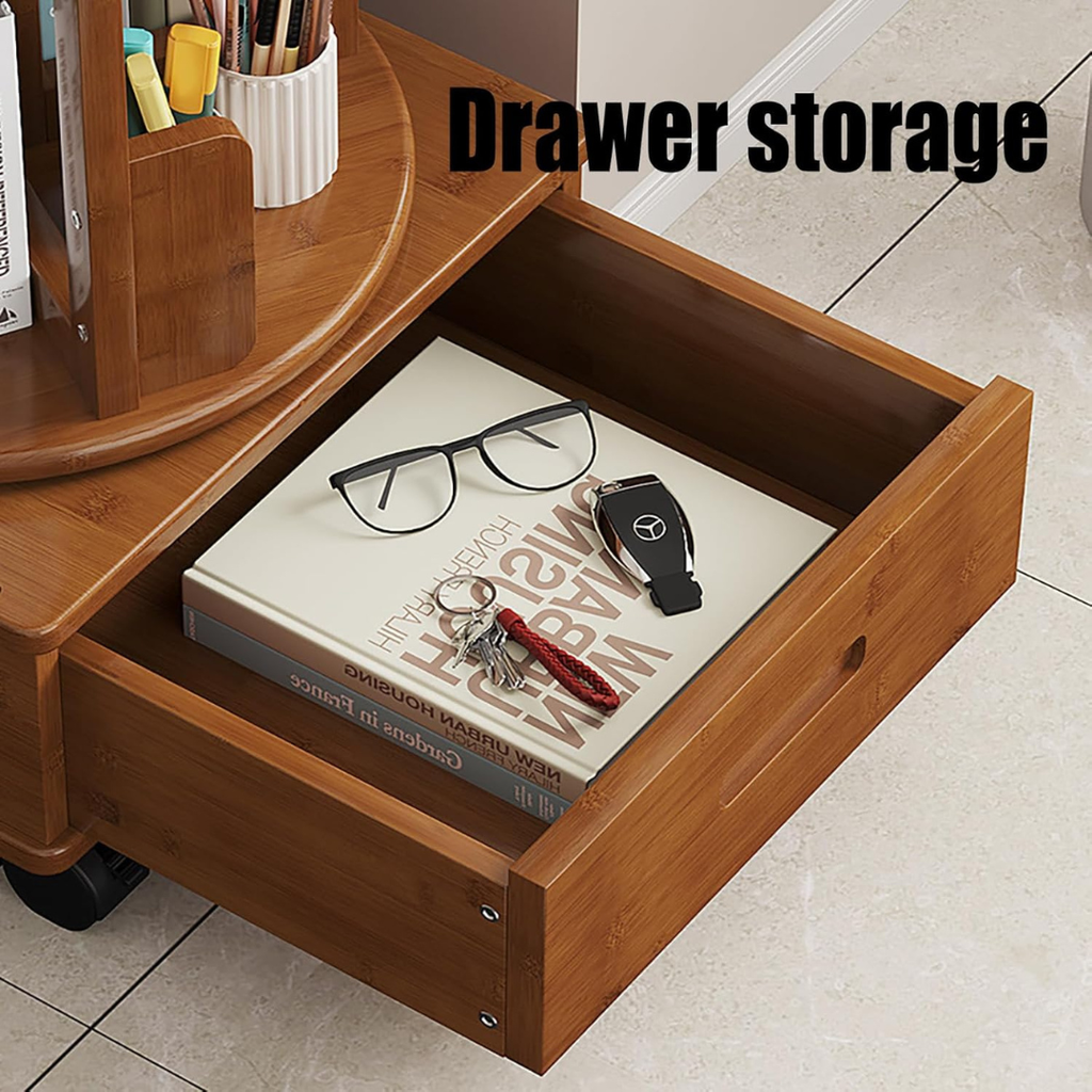 Hoomly 360° Rotating Bamboo End Table with Storage Drawer & Wheels