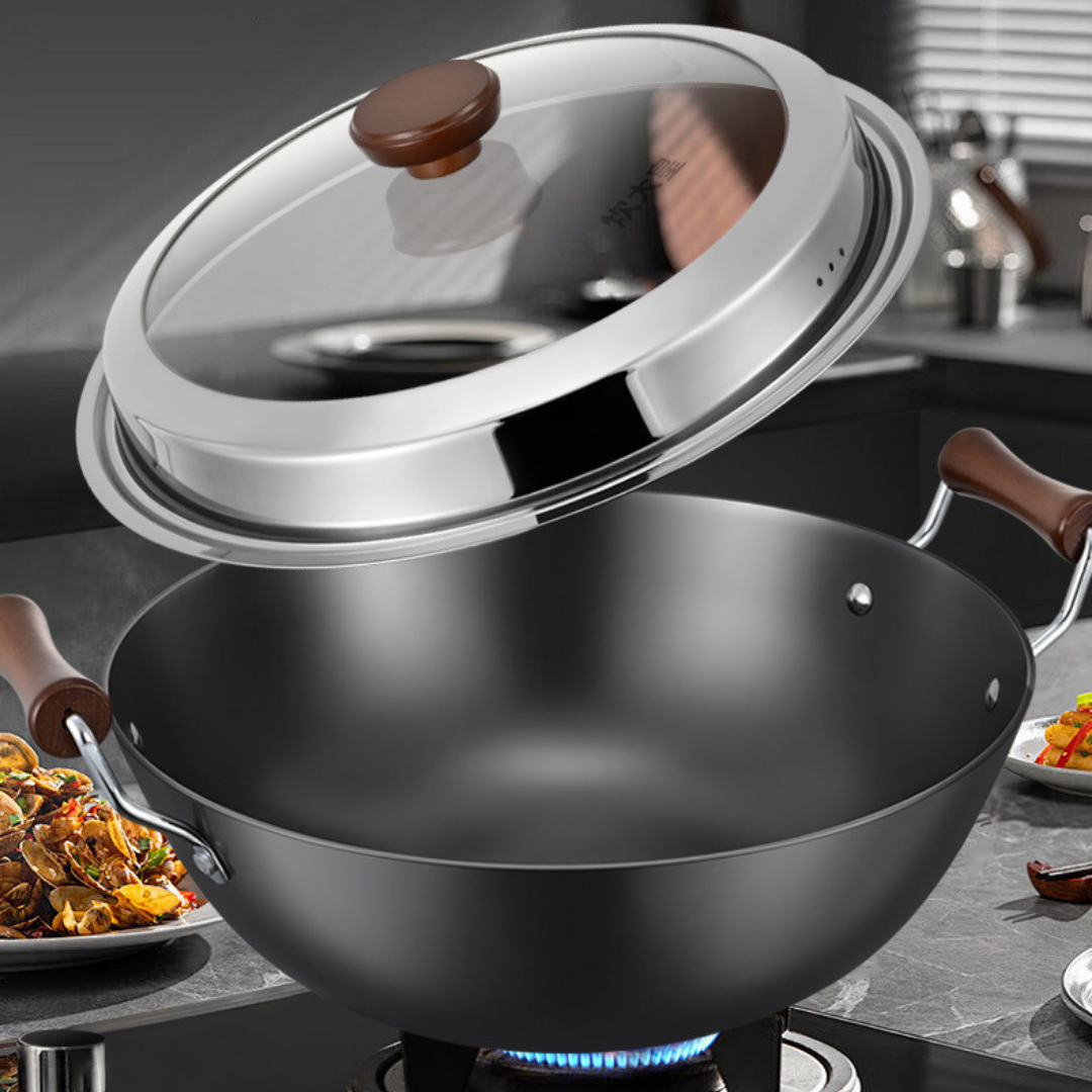 Multi-Purpose Cast Iron Large Capacity Deep Kadai with Wooden Handle