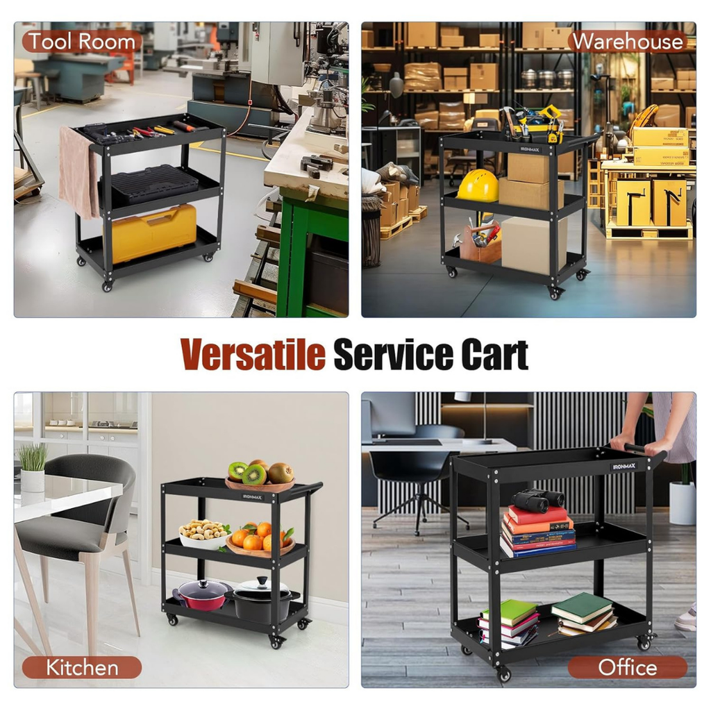 Hoomly Heavy Duty 3-Tier Steel Utility Tool Cart with Lockable Wheels