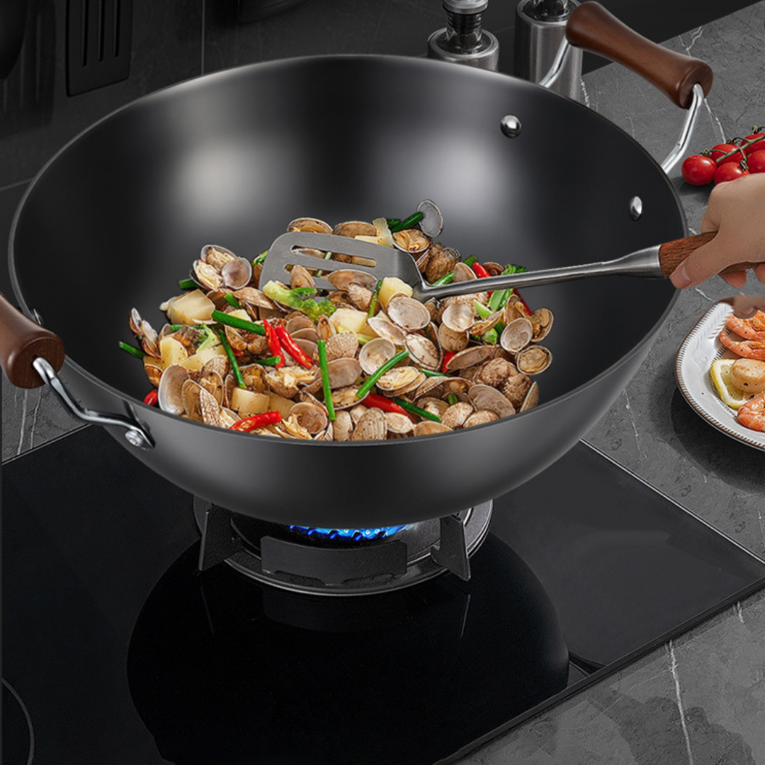 Multi-Purpose Cast Iron Large Capacity Deep Kadai with Wooden Handle