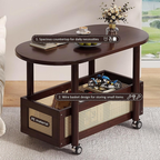 Vintage Bamboo Coffee Table with Storage Basket & Wheels