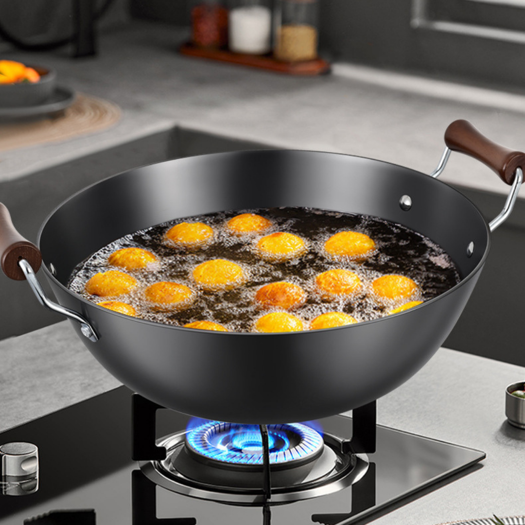 Multi-Purpose Cast Iron Large Capacity Deep Kadai with Wooden Handle