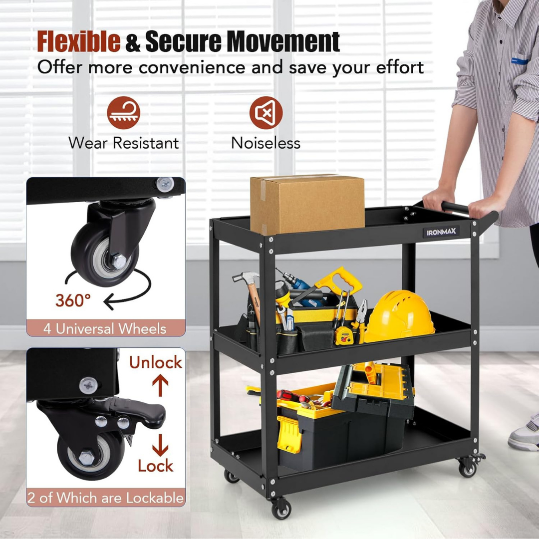 Hoomly Heavy Duty 3-Tier Steel Utility Tool Cart with Lockable Wheels