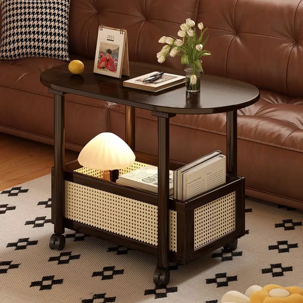 Vintage Bamboo Coffee Table with Storage Basket & Wheels