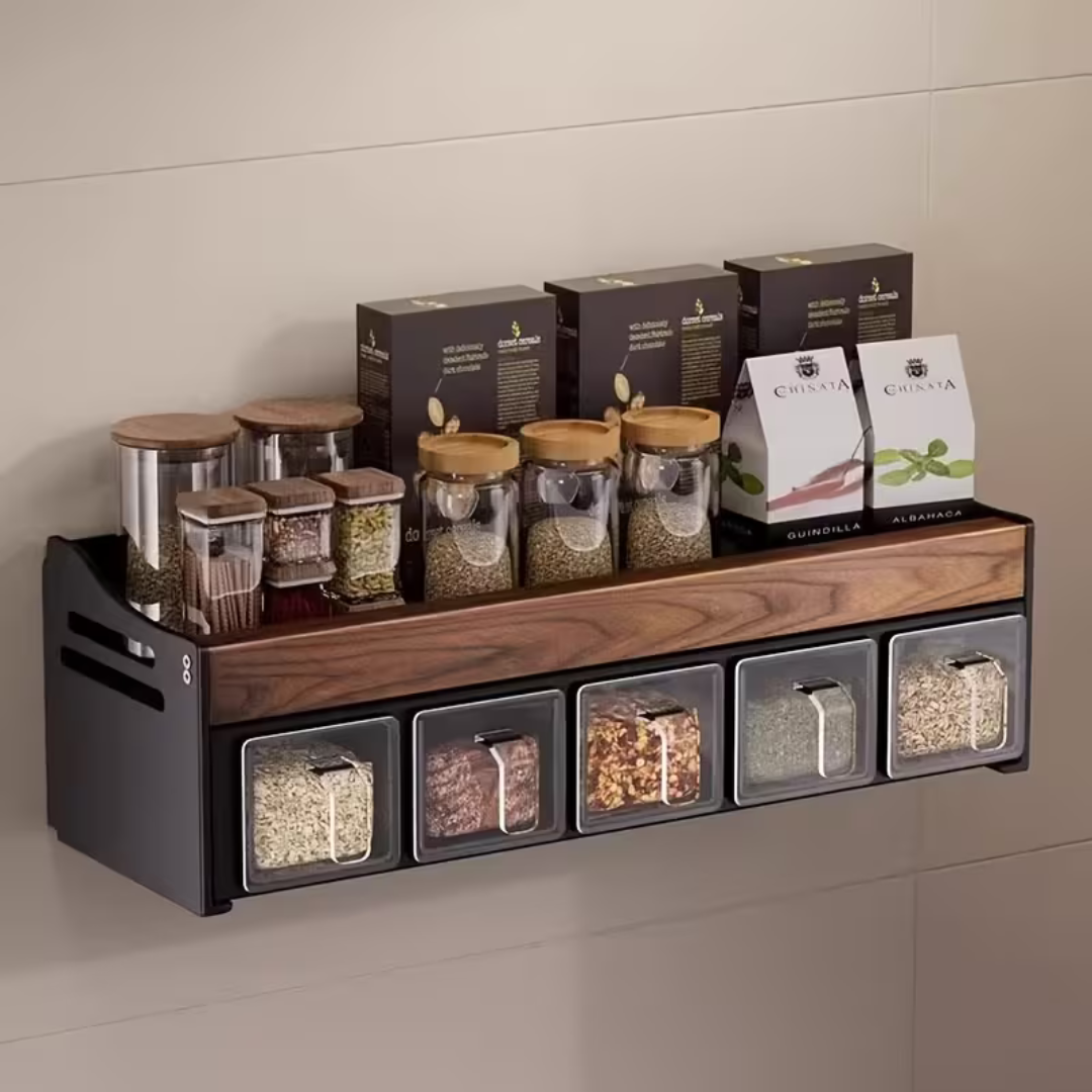 Premium Walnut Wood Wall Mounted Spice Rack with Storage Drawers