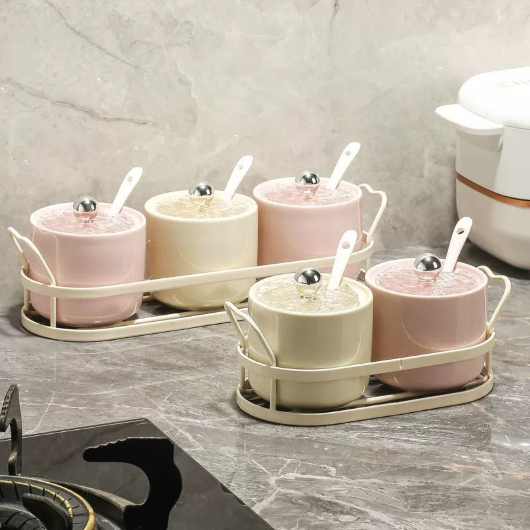 Premium Ceramic Kitchen Seasoning Jar Set with Spoon & Metal Organizer Rack