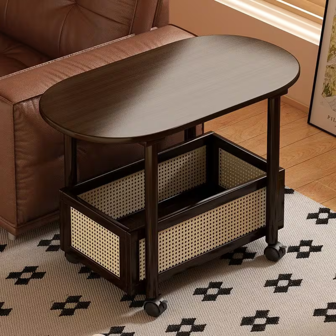 Vintage Bamboo Coffee Table with Storage Basket & Wheels