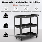 Hoomly Heavy Duty 3-Tier Steel Utility Tool Cart with Lockable Wheels
