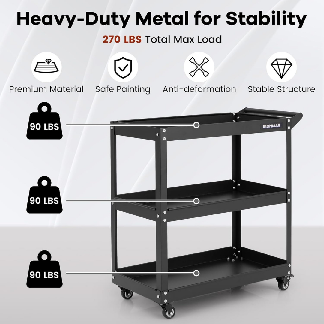 Hoomly Heavy Duty 3-Tier Steel Utility Tool Cart with Lockable Wheels