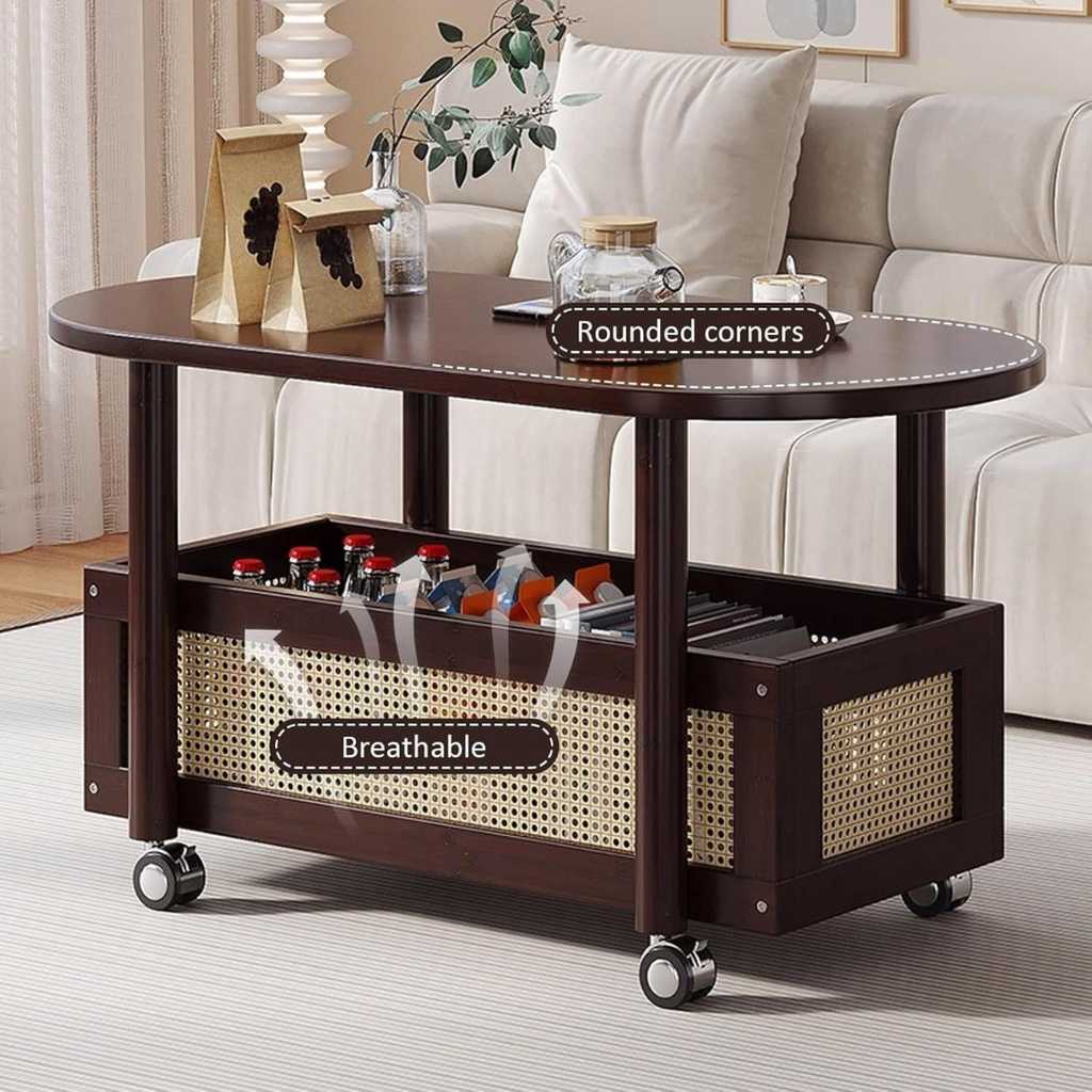 Vintage Bamboo Coffee Table with Storage Basket & Wheels