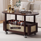 Vintage Bamboo Coffee Table with Storage Basket & Wheels