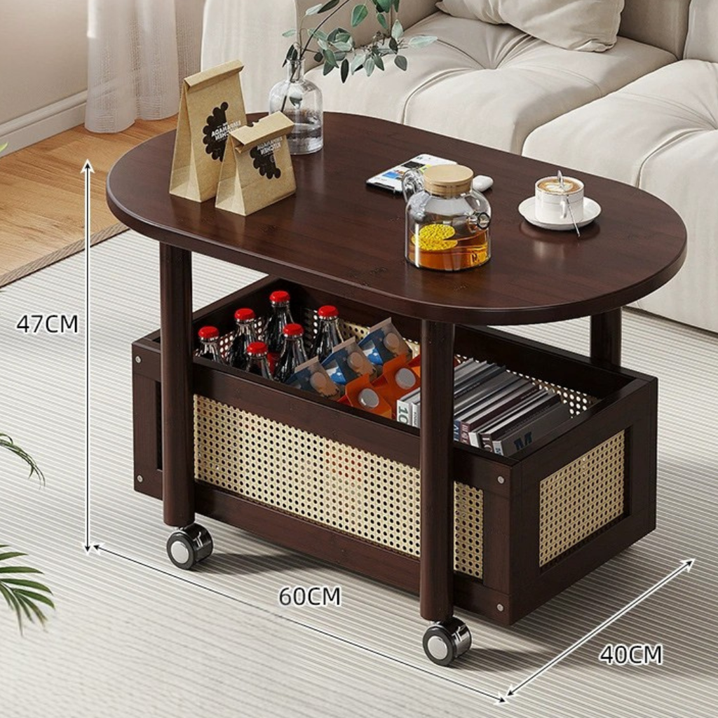 Vintage Bamboo Coffee Table with Storage Basket & Wheels
