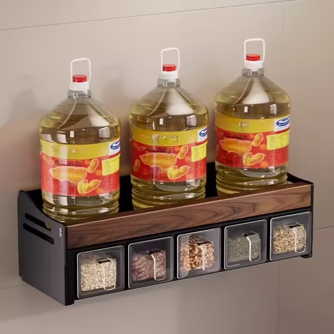 Premium Walnut Wood Wall Mounted Spice Rack with Storage Drawers
