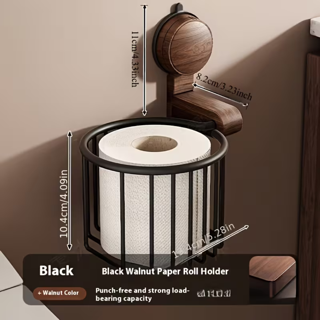 Premium Walnut Finish Suction Toilet Paper Holder with Multipurpose Bathroom Shelf