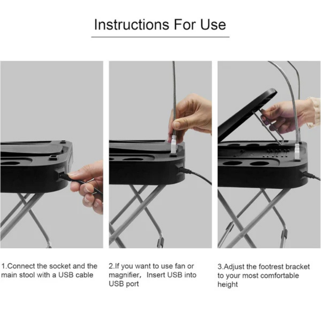 Hoomly Adjustable Foldable Pedicure Stool with LED Magnifier, Drying Fan & Storage Box