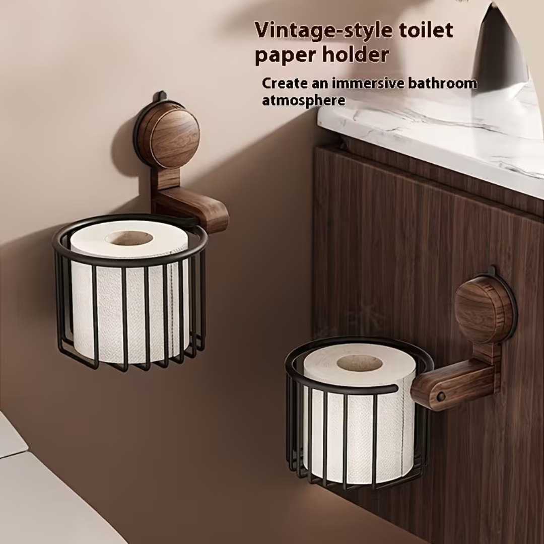 Premium Walnut Finish Suction Toilet Paper Holder with Multipurpose Bathroom Shelf