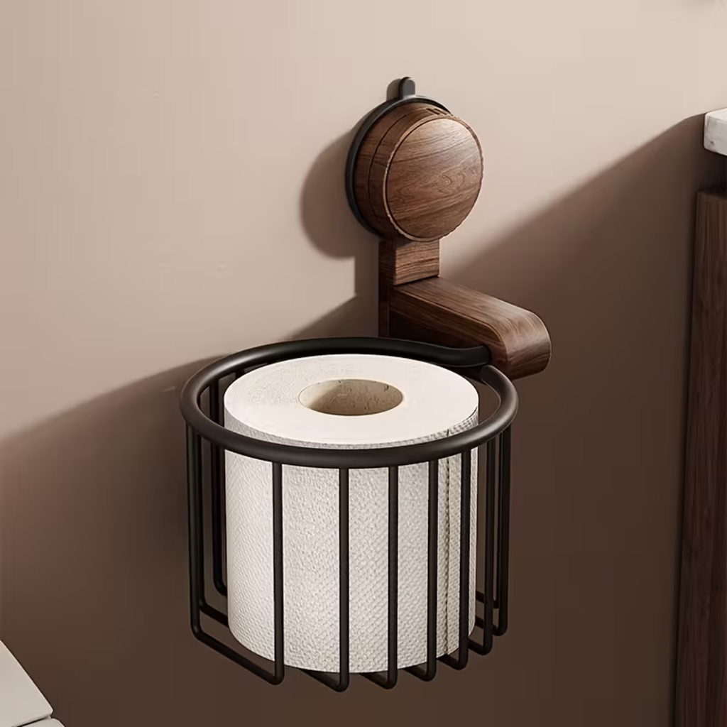 Premium Walnut Finish Suction Toilet Paper Holder with Multipurpose Bathroom Shelf