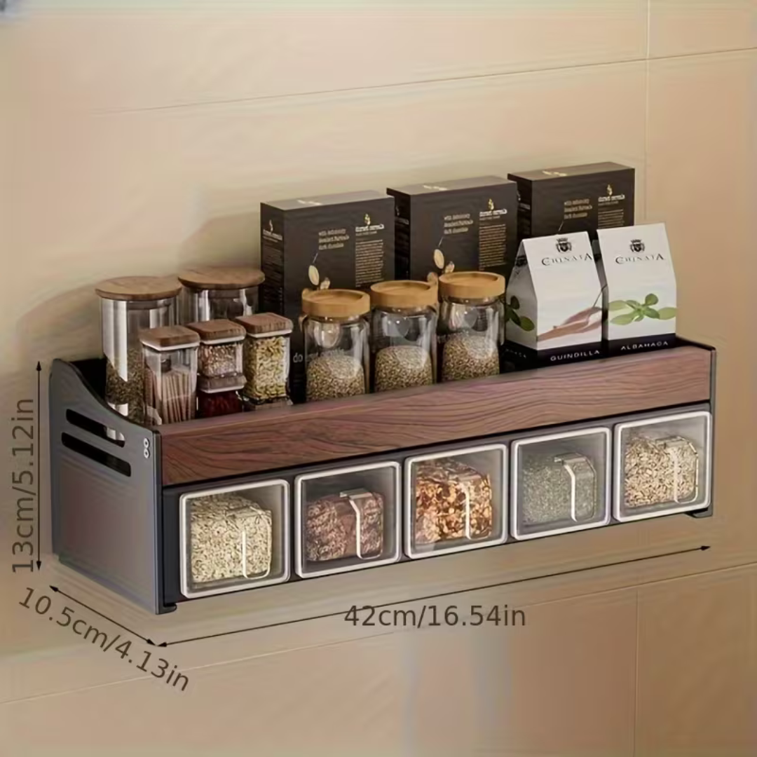 Premium Walnut Wood Wall Mounted Spice Rack with Storage Drawers
