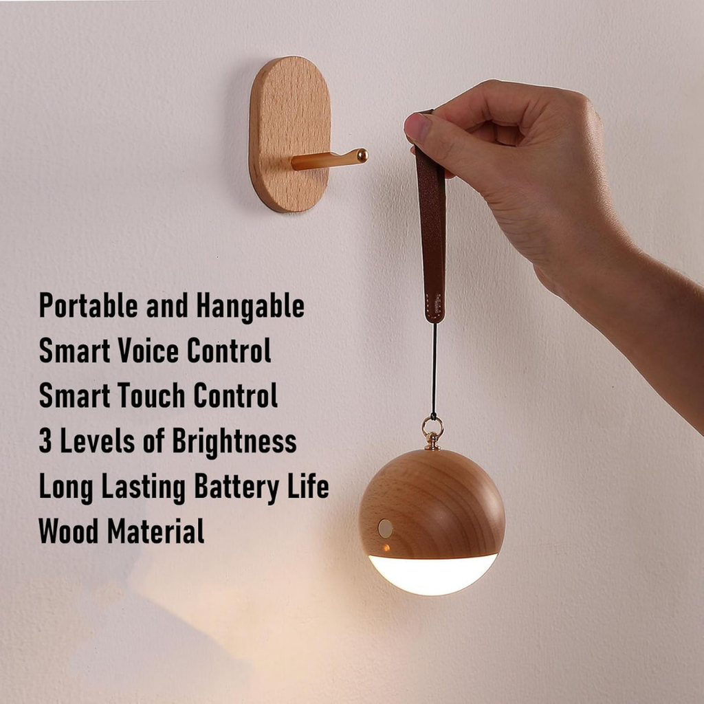 Hoomly Voice Control Wooden Hanging Night Light with Warm LED Glow & USB Charging