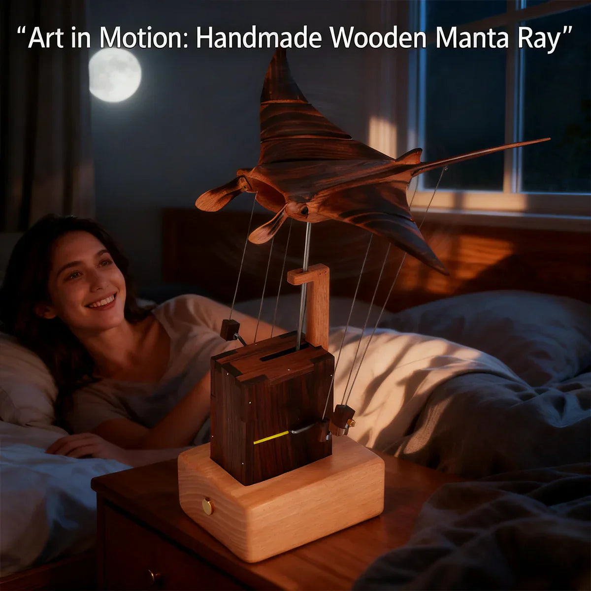 Handcrafted Wooden Manta Ray Automaton Kinetic Art Sculpture