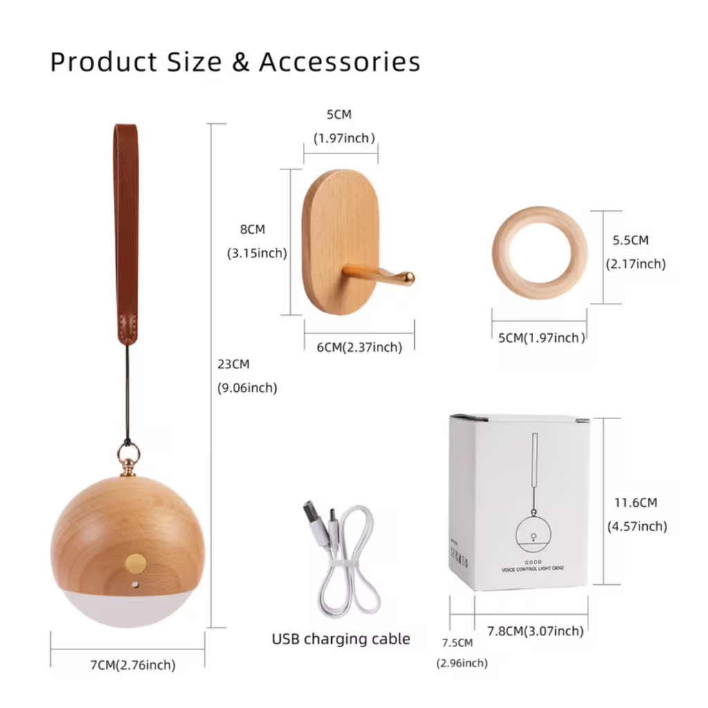 Hoomly Voice Control Wooden Hanging Night Light with Warm LED Glow & USB Charging