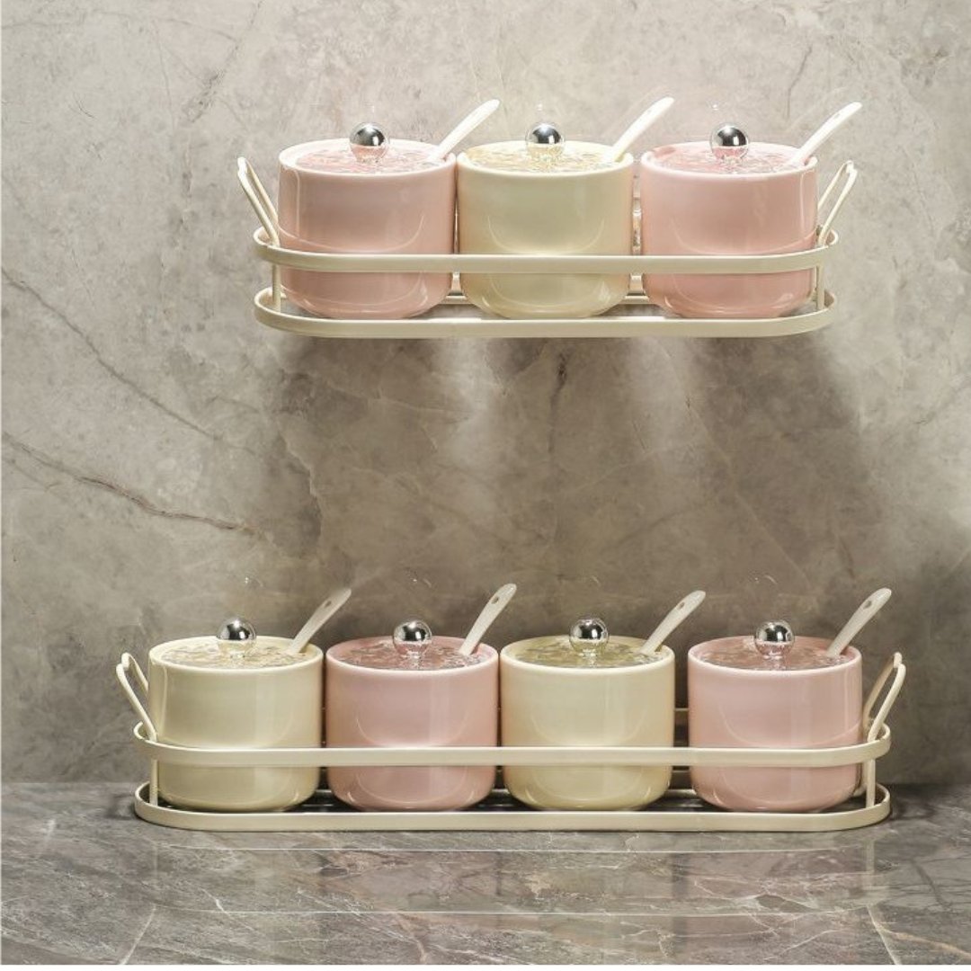 Premium Ceramic Kitchen Seasoning Jar Set with Spoon & Metal Organizer Rack