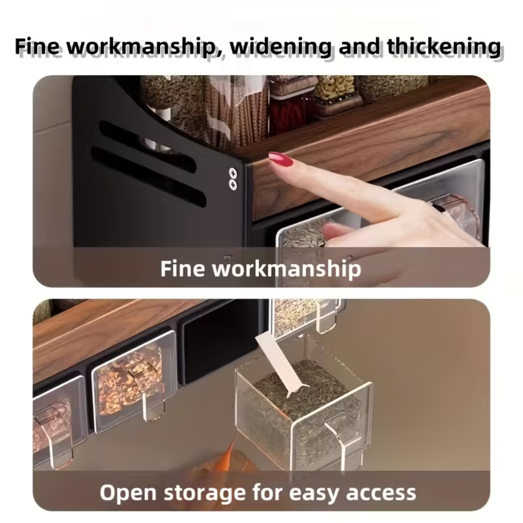 Premium Walnut Wood Wall Mounted Spice Rack with Storage Drawers