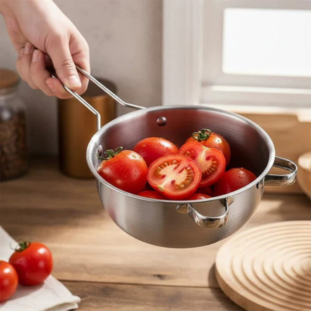 Multipurpose Stainless Steel Draining Sieve Bowl with Heat Resistant Handle