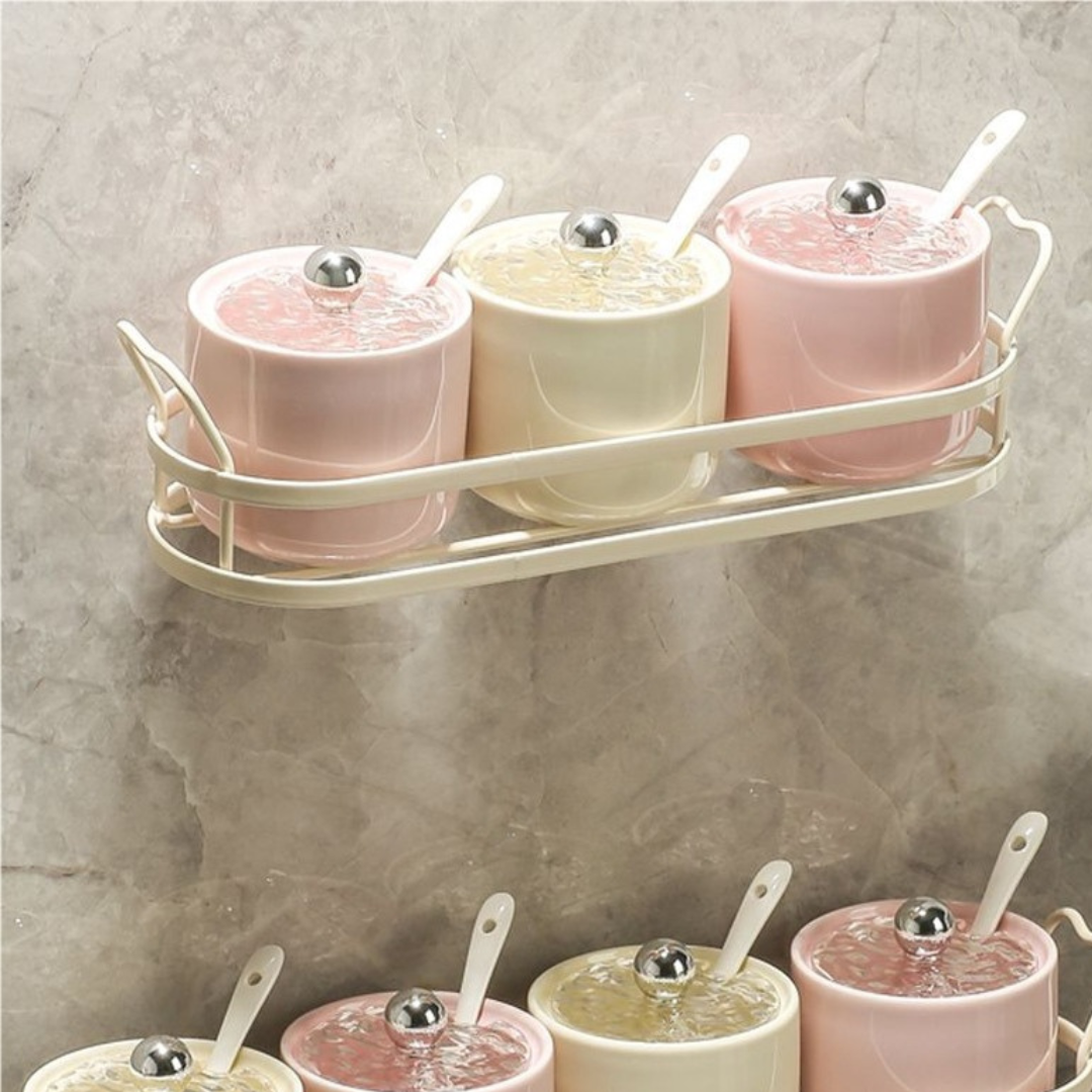 Premium Ceramic Kitchen Seasoning Jar Set with Spoon & Metal Organizer Rack
