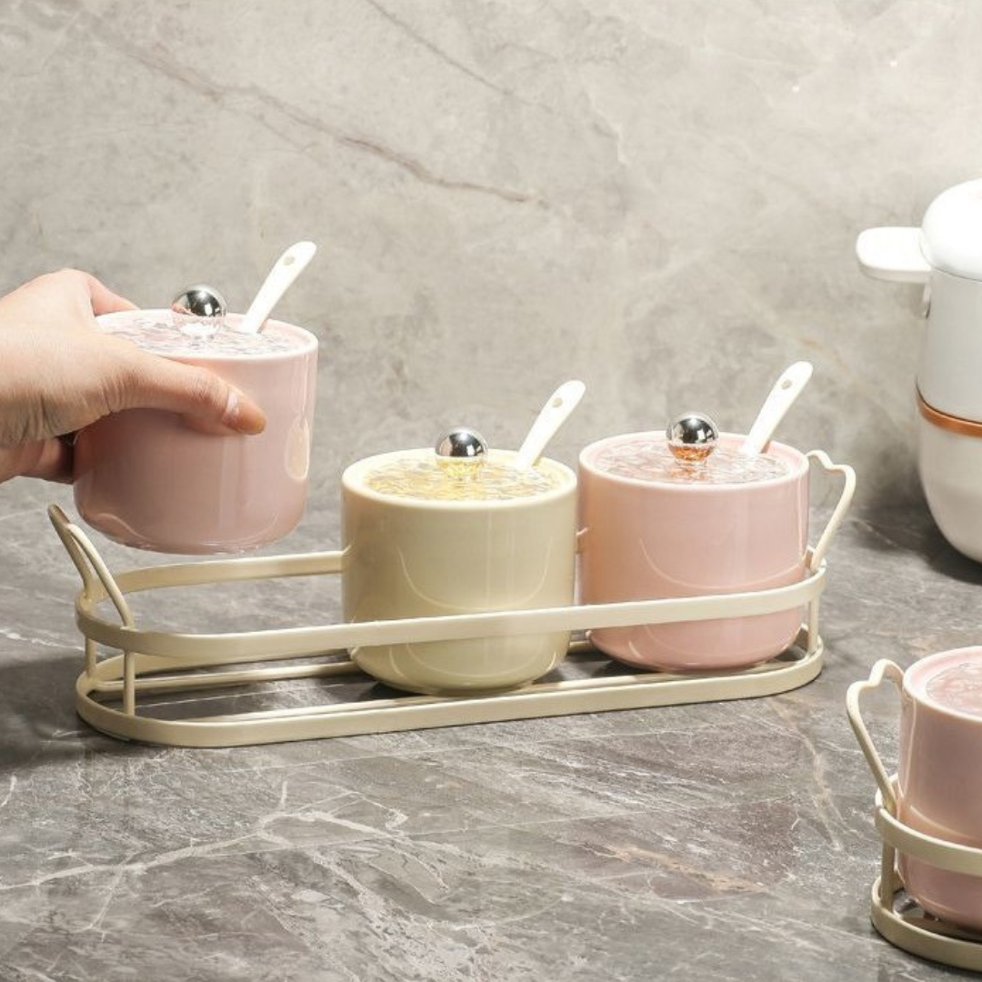 Premium Ceramic Kitchen Seasoning Jar Set with Spoon & Metal Organizer Rack