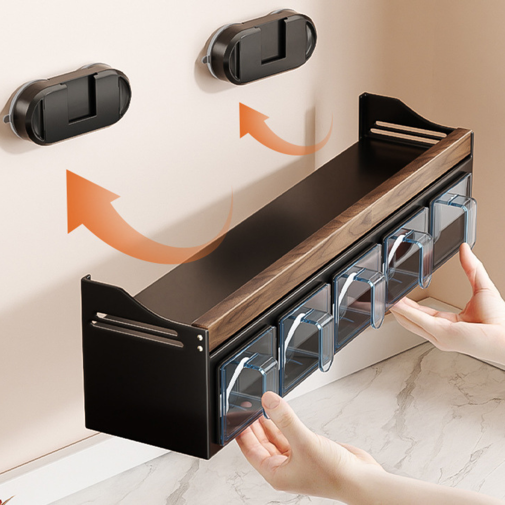 Premium Walnut Wood Wall Mounted Spice Rack with Storage Drawers