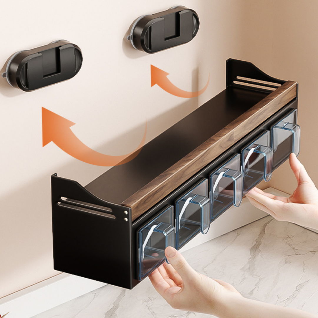 Premium Walnut Wood Wall Mounted Spice Rack with Storage Drawers