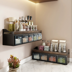 Premium Walnut Wood Wall Mounted Spice Rack with Storage Drawers