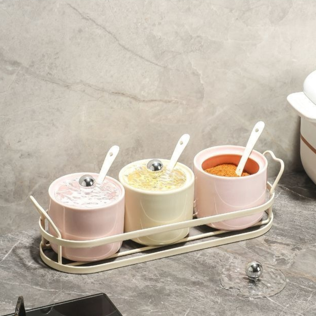 Premium Ceramic Kitchen Seasoning Jar Set with Spoon & Metal Organizer Rack