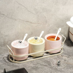 Premium Ceramic Kitchen Seasoning Jar Set with Spoon & Metal Organizer Rack